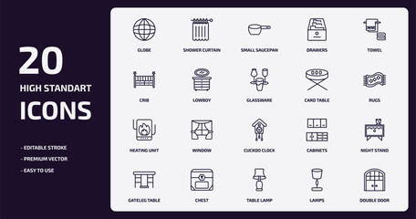 furniture & household outline icons set. furniture & household thin line icons pack such as globe, drawers, lowboy, heating unit, chest, table lamp, lamps, double door vector.