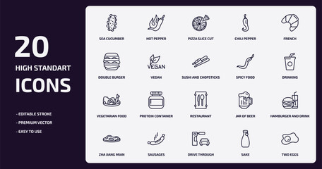food outline icons set. food thin line icons pack such as sea cucumber, chili pepper, vegan, vegetarian food, sausages, drive through, sake, two eggs vector.