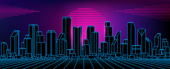 Night city outline landscape on sunset background. Illustration in retro wave, arcade game 80s style.