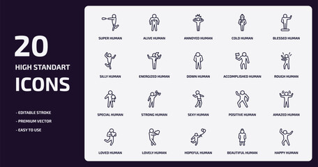 feelings outline icons set. feelings thin line icons pack such as super human, cold human, energized human, special lovely hopeful beautiful happy vector.