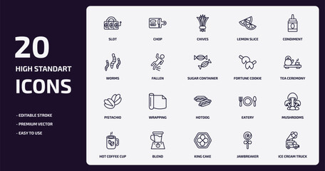 food outline icons set. food thin line icons pack such as slot, lemon slice, fallen, pistachio, blend, king cake, jawbreaker, ice cream truck vector.