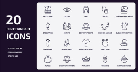 fashion outline icons set. fashion thin line icons pack such as safety shirt, outfit, hair dye, cheongsam, jacket with pockets, monarchy, lingerine, samurai japanese hat vector.