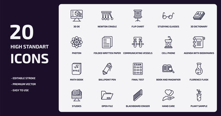 education outline icons set. education thin line icons pack such as 3d de, studying glasses, folded written paper, math book, open file, blackboard eraser, hand care, plant sample vector.