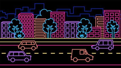 Neon vintage illustration of cityscape in 80s gaming style. Cartoon simple outline cars is driving down the street.