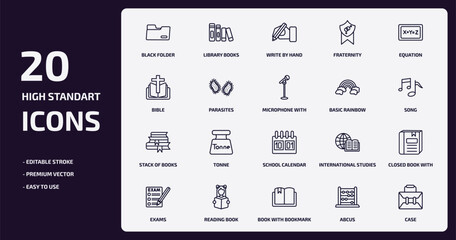 education outline icons set. education thin line icons pack such as black folder, fraternity, parasites, stack of books, reading book, book with bookmark, abcus, case vector.