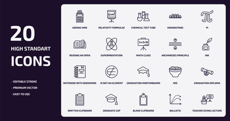 education outline icons set. education thin line icons pack such as adding hine, grandstand, experimentation, notebook with bookmark, graduate cap, blank clipboard, ballistic, teacher giving lecture