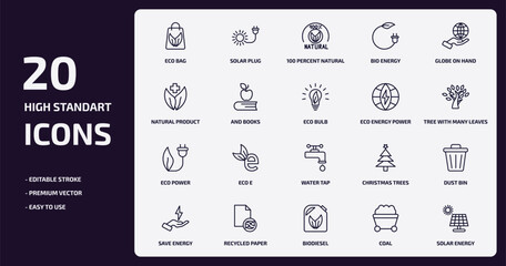 ecology outline icons set. ecology thin line icons pack such as eco bag, bio energy, and books, eco power, recycled paper, biodiesel, coal, solar energy vector.