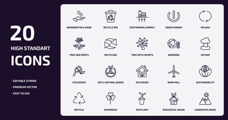 ecology outline icons set. ecology thin line icons pack such as raindrop on a hand, green power, recycling, ecologism, shamrock, eco plant, ecological house, landscape image vector.