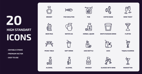 drinks outline icons set. drinks thin line icons pack such as brandy, coffee bean, water jug, picnic table, alcohol, whiskey, glasses with wine, manhattan vector.