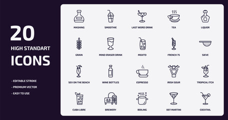 drinks outline icons set. drinks thin line icons pack such as mashing, tea, mind eraser drink, sex on the beach, brewery, boiling, 007 martini, cocktail vector.