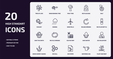 ecology outline icons set. ecology thin line icons pack such as tree of love, recycled bag, raining, save the earth, eco cell, eco paper, watering can, plant and root vector.