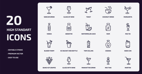drinks outline icons set. drinks thin line icons pack such as sidecar drink, coconut drink, absinthe, bloody mary, glass with wine, manhattan drink, mai thai, martini vector.