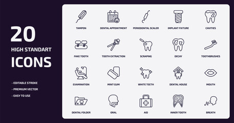 dentist outline icons set. dentist thin line icons pack such as tampon, implant fixture, tooth extraction, examination, oral, aid, inner tooth, breath vector.