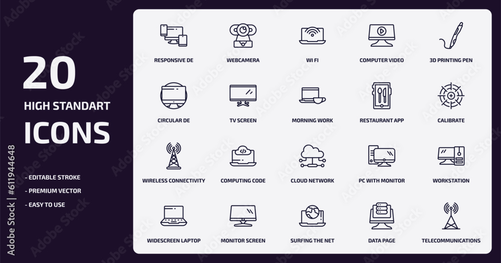 Poster computer outline icons set. computer thin line icons pack such as responsive de, computer video, tv 