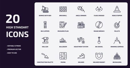 construction outline icons set. construction thin line icons pack such as derrick with box, flags crossed, measures plan, nail gun, paving, inclined, inclined magnet, big building vector.