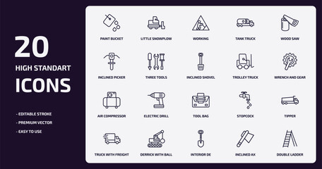 construction outline icons set. construction thin line icons pack such as paint bucket, tank truck, three tools, air compressor, derrick with ball, interior de, inclined ax, double ladder vector.