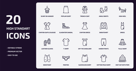 clothes outline icons set. clothes thin line icons pack such as scarf on hanger, ankle boots, gladiator sandal, leather gloves, panties, sleeveless shirt, cotton polo shirt, knit hat with pom pom