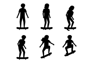 Silhouettes of people riding skateboard. Isolated illustration of children performing tricks on board.