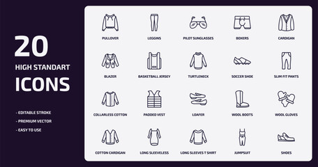 clothes outline icons set. clothes thin line icons pack such as pullover, boxers, basketball jersey, collarless cotton shirt, long sleeveless dress, long sleeves t shirt, jumpsuit, shoes vector.