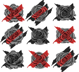 Set of dark crossed roses for tattoo in trash polka style