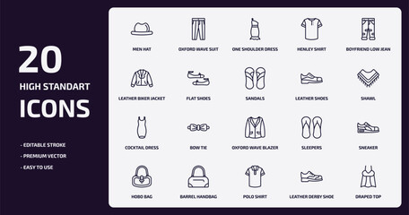 clothes outline icons set. clothes thin line icons pack such as men hat, henley shirt, flat shoes, cocktail dress, barrel handbag, polo shirt, leather derby shoe, draped top vector.