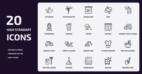 cleaning outline icons set. cleaning thin line icons pack such as hot water, soap, garbage, garbage truck, plunger, scrub brush, dusting, washing hand vector.