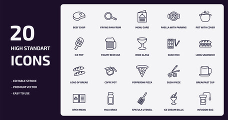 bistro and restaurant outline icons set. bistro and restaurant thin line icons pack such as beef chop, paella with parwns, foamy beer jar, load of bread, milk brick, spatula utensil, ice cream balls