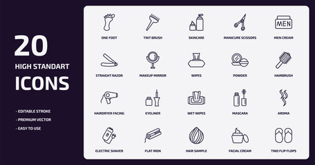 beauty outline icons set. beauty thin line icons pack such as one foot, manicure scissors, makeup mirror, hairdryer facing left, flat iron, hair sample, facial cream, two flip flops vector.