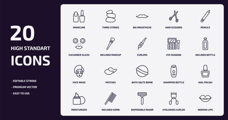 beauty outline icons set. beauty thin line icons pack such as manicure, hair scissors, inclined makeup brush, face mask, inclined comb, disposable razor, eyelashes curler, woman lips vector.