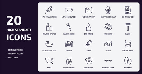 beauty collection. thin outline icons set. beauty collection. thin thin line icons pack such as hair straightener, beauty salon chair, makeup brush, hair washer sink, liquid lipstick, woman eye, two