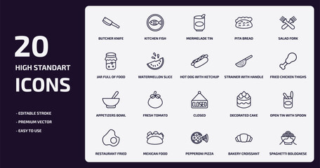 Fototapeta na wymiar bistro and restaurant outline icons set. bistro and restaurant thin line icons pack such as butcher knife, pita bread, watermellon slice, appetizers bowl, mexican food, pepperoni pizza, bakery