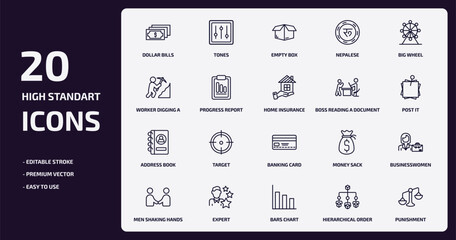 business outline icons set. business thin line icons pack such as dollar bills, nepalese, progress report, address book, expert, bars chart, hierarchical order, punishment vector.