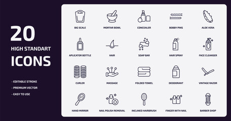 beauty outline icons set. beauty thin line icons pack such as big scale, bobby pins, hair, curler, nail polish removal, inclined hairbrush, finger with nail, barber shop vector.