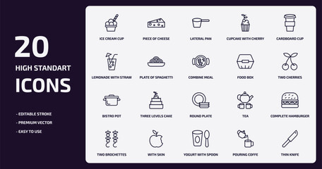 bistro and restaurant outline icons set. bistro and restaurant thin line icons pack such as ice cream cup, cupcake with cherry, plate of spaghetti, bistro pot, with skin, yogurt with spoon, pouring