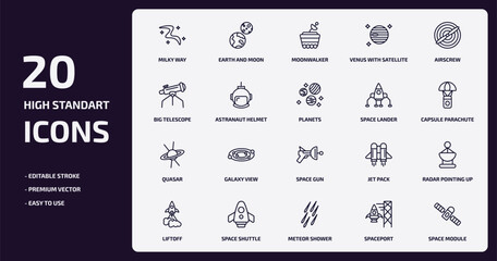 astronomy outline icons set. astronomy thin line icons pack such as milky way, venus with satellite, astranaut helmet, quasar, space shuttle, meteor shower, spaceport, space module vector.