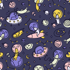 Nursery doodle cute pattern. Alien spacemans in outer space on dark background.