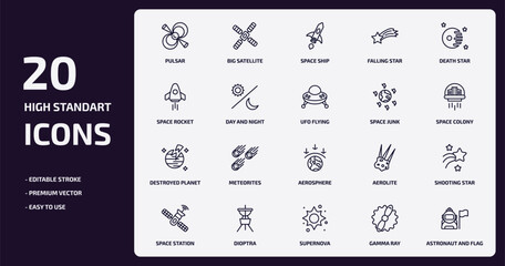 astronomy outline icons set. astronomy thin line icons pack such as pulsar, falling star, day and night, destroyed planet, dioptra, supernova, gamma ray, astronaut and flag vector.