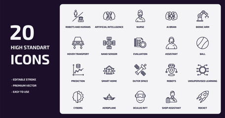 artificial intellegence outline icons set. artificial intellegence thin line icons pack such as robots and humans, ai brain, nano sensor, prediction, aeroplane, oculus rift, shop assistant, rocket