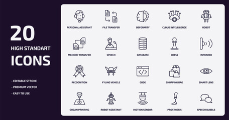 artificial intellegence outline icons set. artificial intellegence thin line icons pack such as personal assistant, cloud intelligence, speech, recognition, robot assistant, motion sensor,