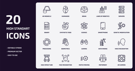 artificial intellegence outline icons set. artificial intellegence thin line icons pack such as ar monocle, laws of robotics, synthetic food, processing, face recognition, match moving, motorway, ar