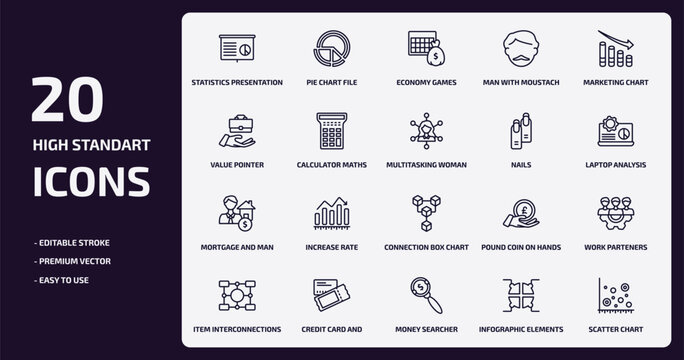 business outline icons set. business thin line icons pack such as statistics presentation, man with moustach, calculator maths tool, mortgage and man, credit card and ticket, money searcher,