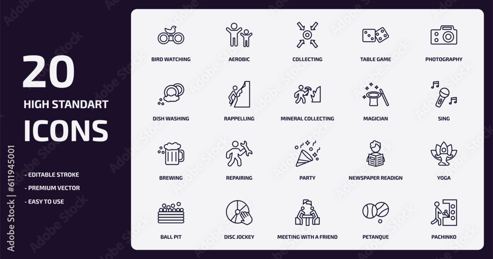 Poster activity and hobbies outline icons set. activity and hobbies thin line icons pack such as bird watch