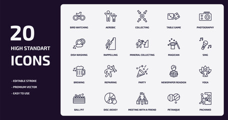 activity and hobbies outline icons set. activity and hobbies thin line icons pack such as bird watching, table game, rappelling, brewing, disc jockey, meeting with a friend, petanque, pachinko