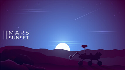 Mars rover silhouette stands on blue sunset planet mars background.