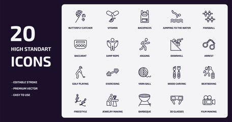 activity and hobbies outline icons set. activity and hobbies thin line icons pack such as butterfly catcher, jumping to the water, jump rope, golf playing, jewelry making, barbeque, 3d glasses, film