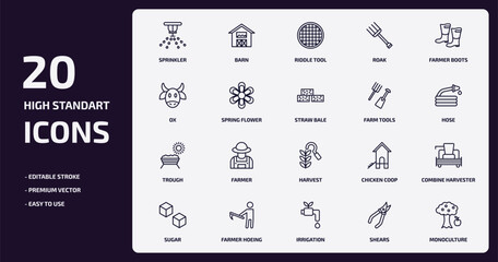 agriculture farming outline icons set. agriculture farming thin line icons pack such as sprinkler, roak, spring flower, trough, farmer hoeing, irrigation, shears, monoculture vector.