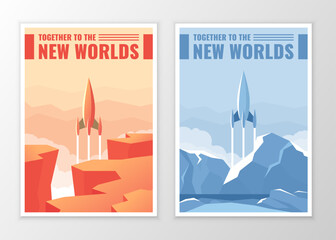Vector retro vintage space posters. Illustration of a rocket launch from the planet.