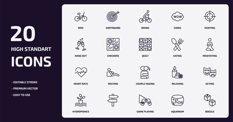 activity and hobbies outline icons set. activity and hobbies thin line icons pack such as bmx, comic, checkers, heart rate, , game playing, aquarium, boggle vector.