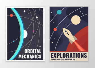 Vector retro vintage space posters. Illustrations of a traveling rocket in orbit.