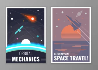 Gardinen Retro vintage space poster. Illustration of space elements on a background of a sunset horizon. © Dmytro